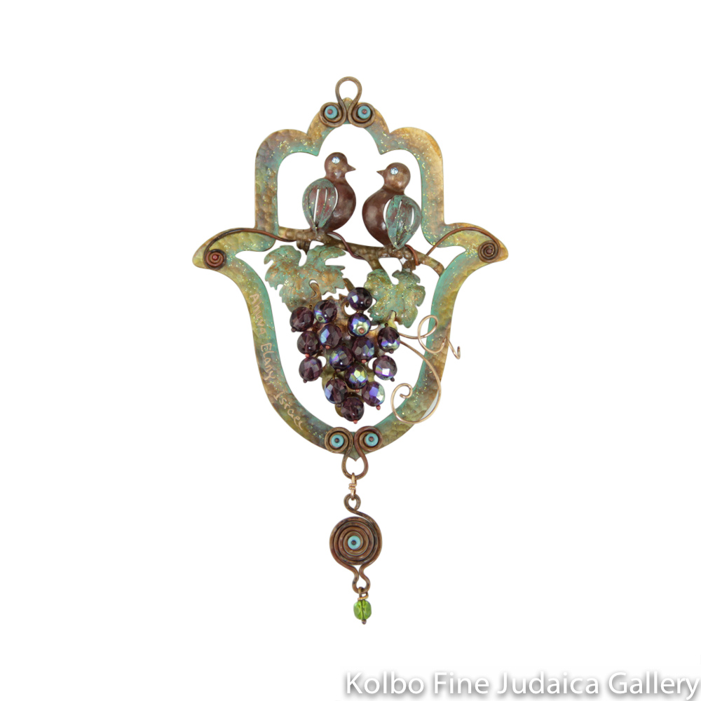 Hamsa, Love Birds with Grapevine Design, Copper and Swarovski Crystal