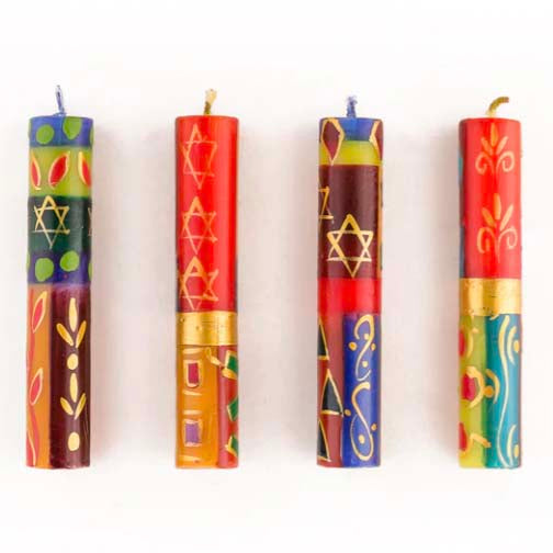 Shabbat Candles Set of Four, 4", Stars, Multi Colored, Hand Painted