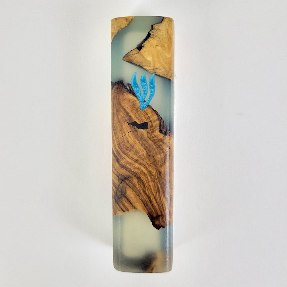 Mezuzah, Blue Resin and Olive Wood, Small with Rounded Edges