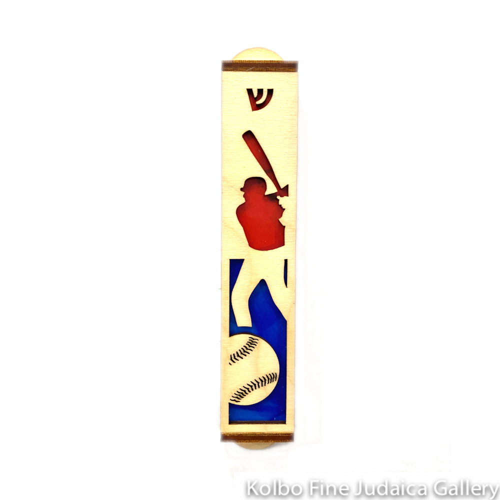 Mezuzah, Baseball Player, Cut Out Wood Over Red and Blue Background