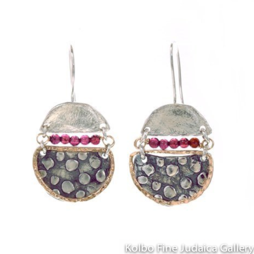 Earrings, Textured Drop with Small Garnet Gems, Sterling Silver and Gold Filled