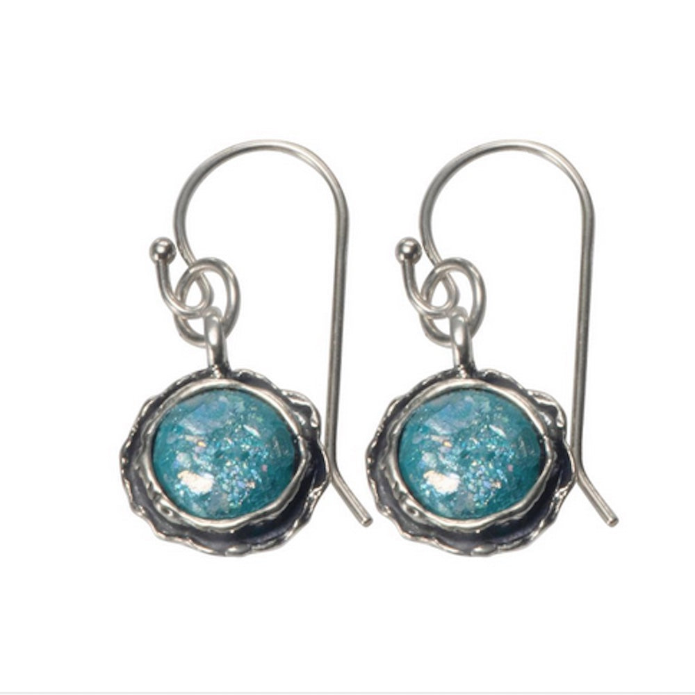 Earrings, Wire, Blue Roman Glass Round Drop with Sterling Silver Cabochon Setting