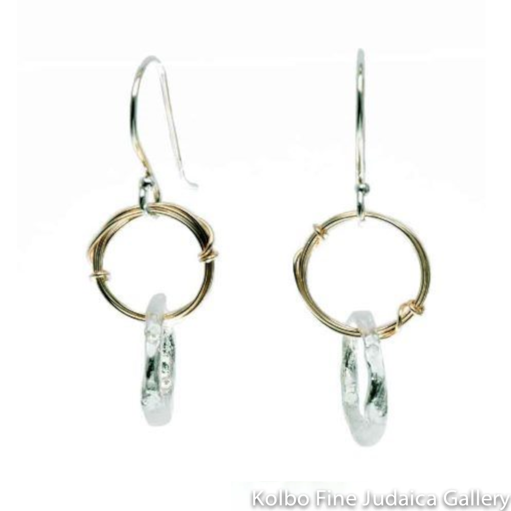 Earrings, Two Interconnected Circles of Sterling Silver and Gold Filled Wires