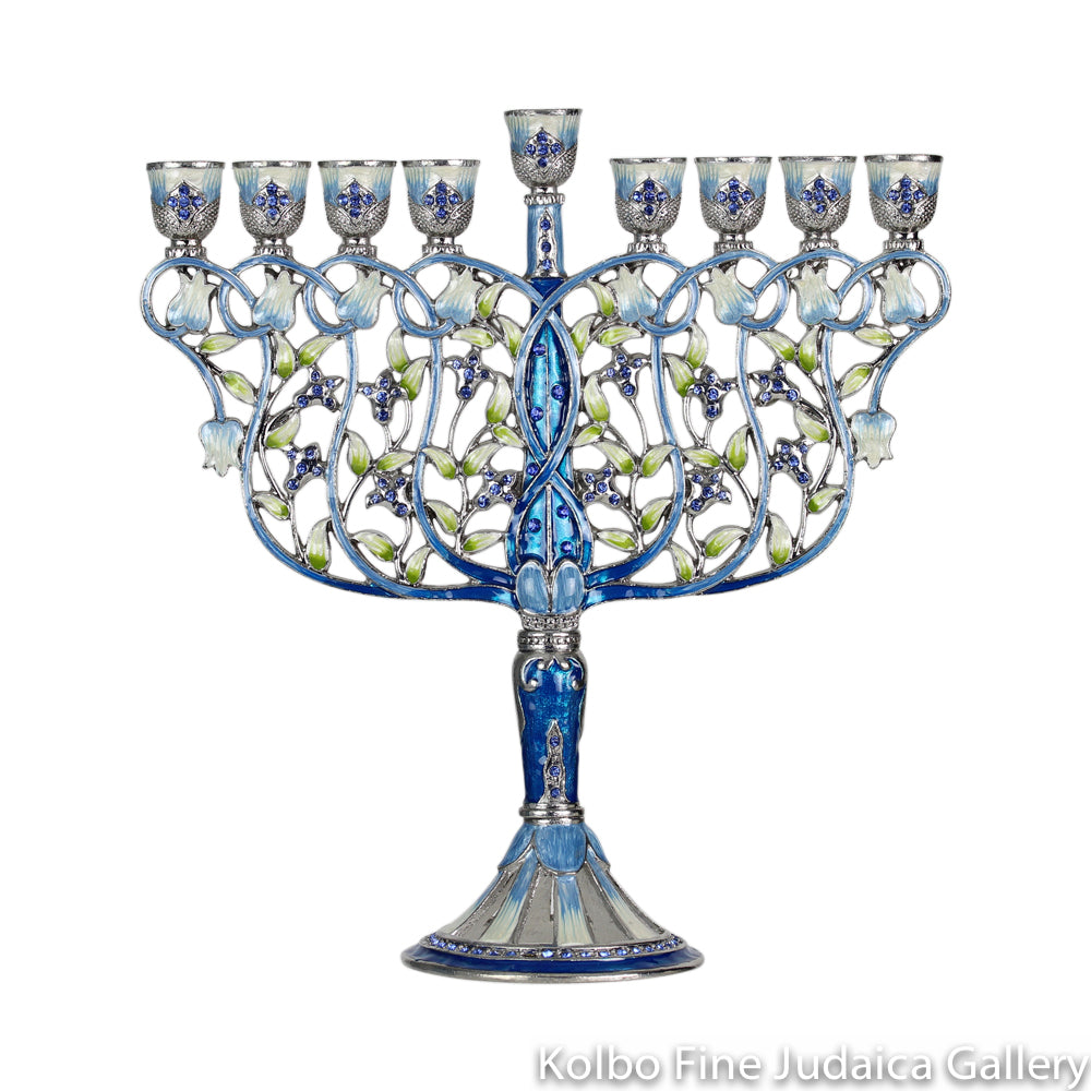 Menorah, Hand Painted Blue Enamel with Crystals, Pewter