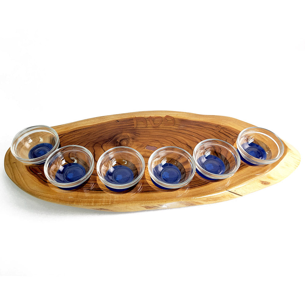 Seder Plate, Blue Resin on Lacquered Teak Wood, Made in Israel