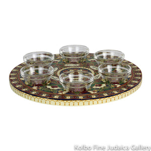 Seder Plate, Hand-Painted Wood with Glass Bowls, Pomegranate Design, #60