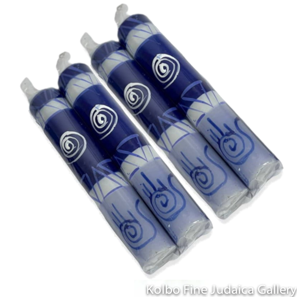 Shabbat Candles, Set of Four, 4", Blue and White, Hamsa, Hand Painted