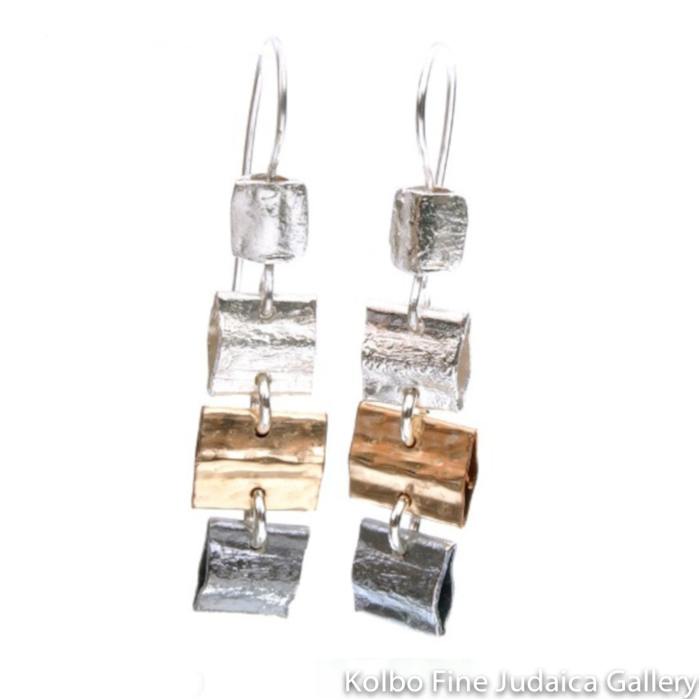 Earrings, Connected Squares of Sterling Silver and Gold Filled