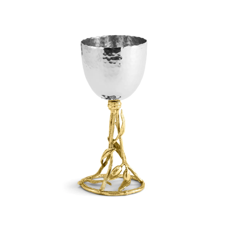 Kiddush Cup, Olive Branch Design, Stainless Steel and Goldtone