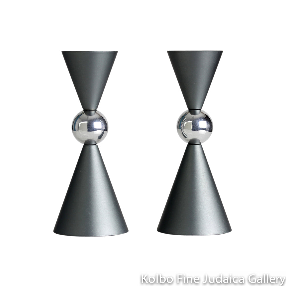 Candlesticks, Hourglass Design with Center Silver Sphere, Gray Anodized Aluminum