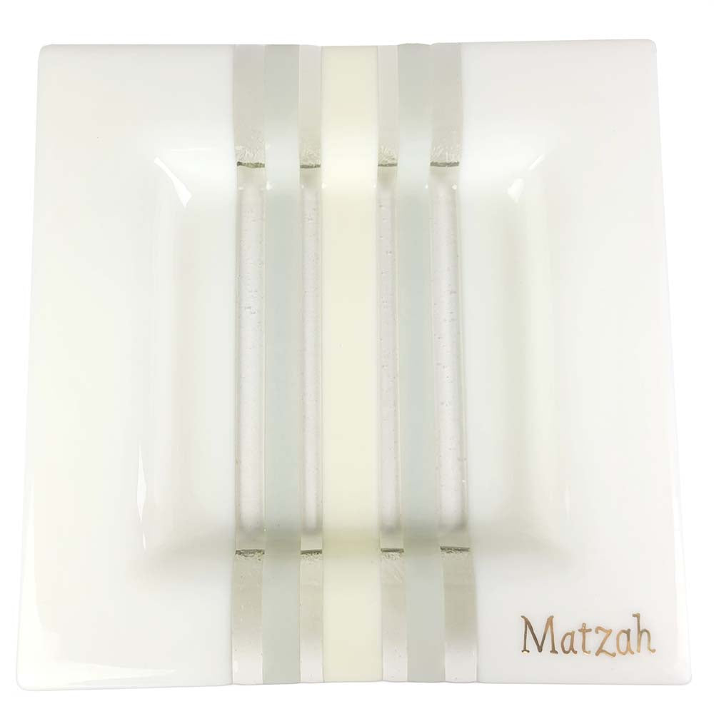 Matzah Plate, White and Ivory Glass Design With Gold Lettering
