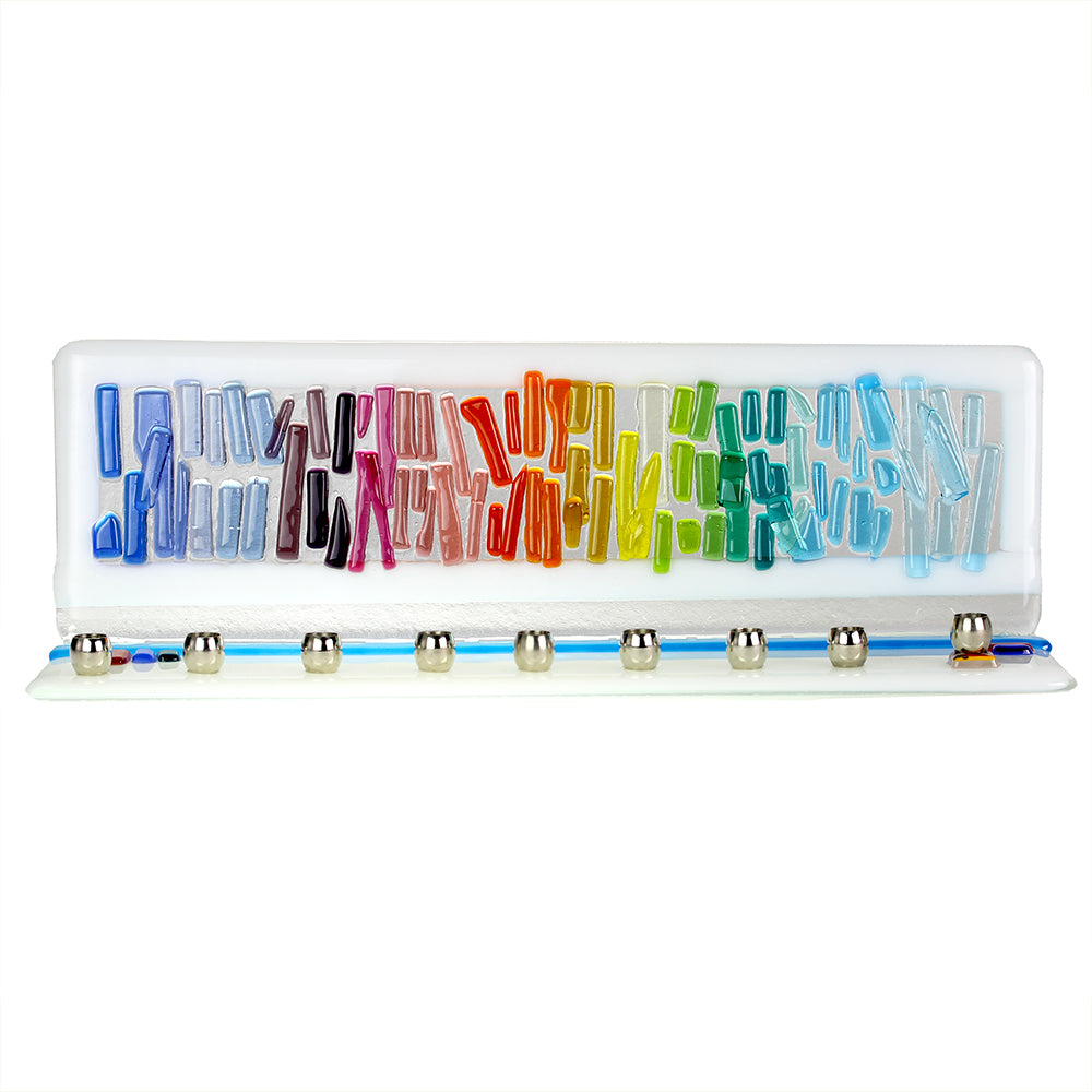 Menorah, Rainbow Of Fused Colors on Clear and White Glass
