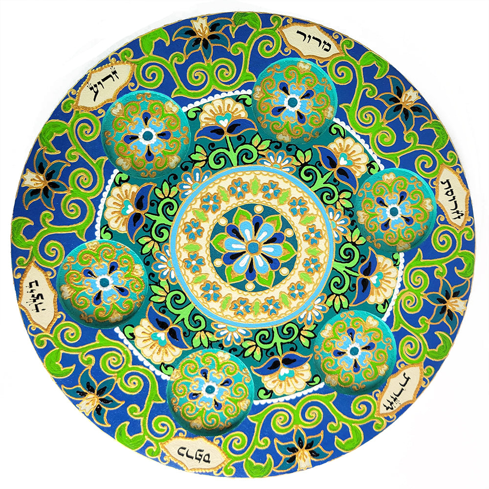Seder Plate, Hand-Painted Wood with Glass Bowls, Blue and Green Floral Design, #61