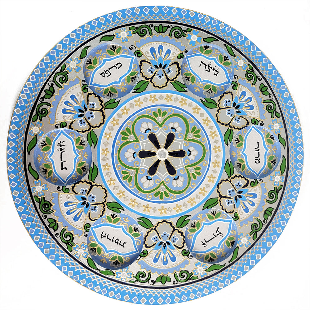 Seder Plate, Hand-Painted Wood with Glass Bowls, Blue, Gray, and Green Floral Design, #62