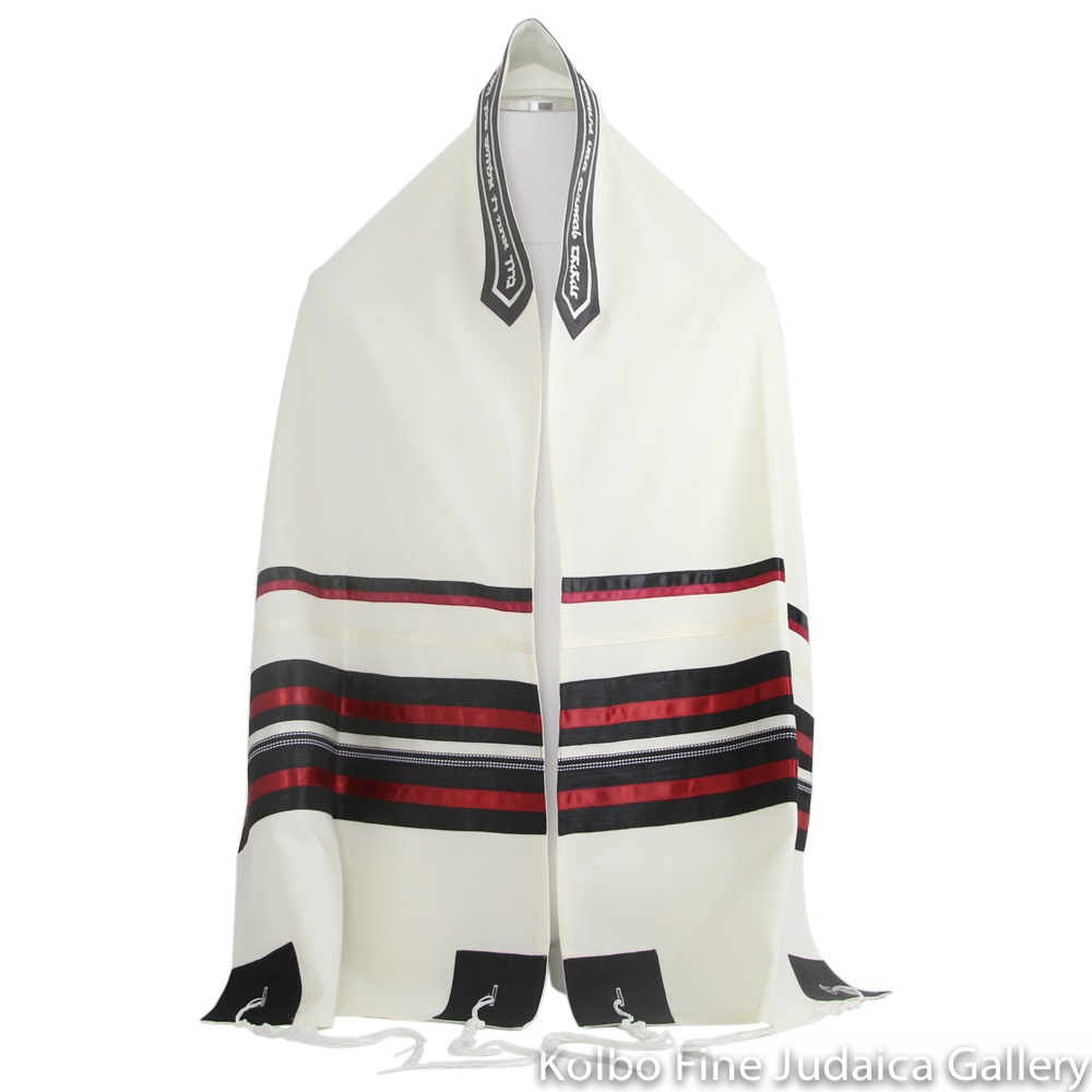Tallit Set, Red, Black, and Cream Ribbons on Fine White Wool