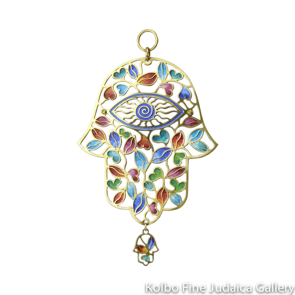 Hamsa, Leaves and Hearts, Multicolor Enamel on Hand Crafted Brass
