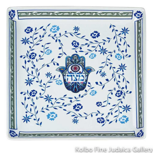 Matzah Plate, Hamsa, Blue and Gray, Porcelain