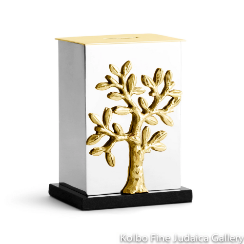 Tzedakah Box, Tree Of Life Design, Natural Brass with Stainless Steel and Granite