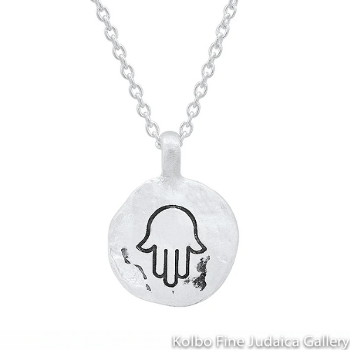 Necklace, Round Pendant with Hamsa, Texture From The Kotel Imprinted On Sterling Silver