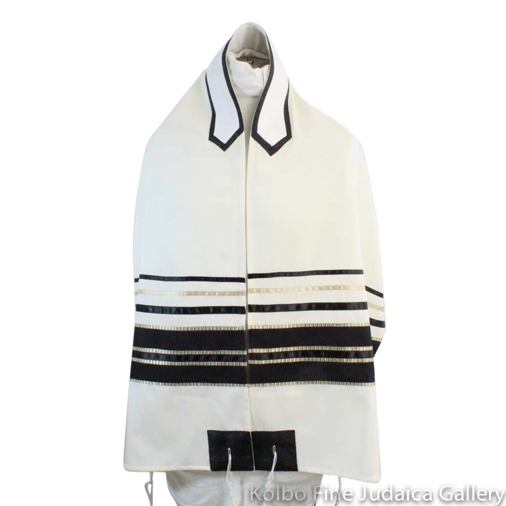 Tallit Set, Black Stripes with Gold and Champagne Detail on White Wool