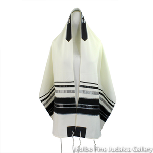 Tallit Set, Black Stripes with Silver Bands on White Wool