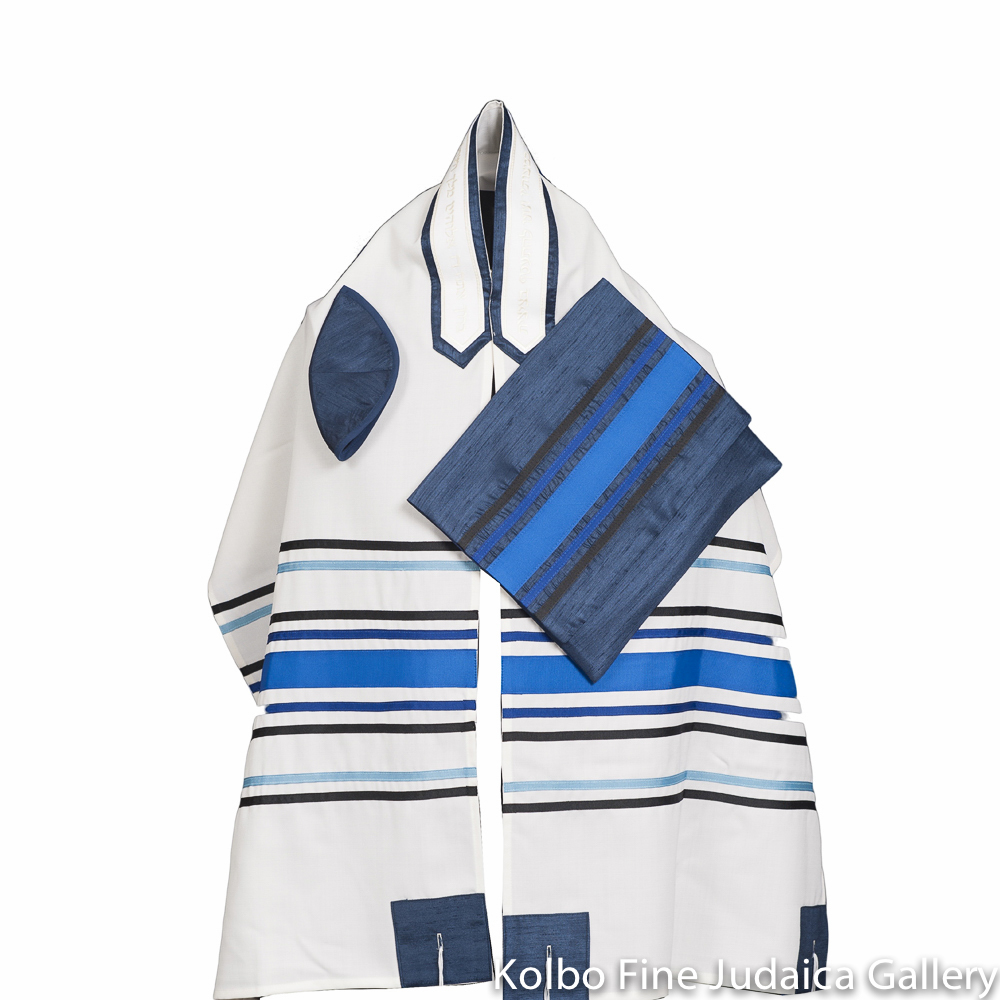 Tallit Set, Blue, Black, and Slate Stripes on White Background, Fine Wool