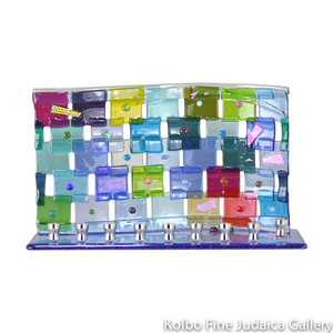 Menorah, Rainbow Quilt Design, Multicolor Overlapping Fused Glass Squares with Dichroic Detail, Large