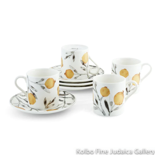 Tea Cups and Saucers, Demitasse Pomegranate Design, Serves Four, Painted Porcelain