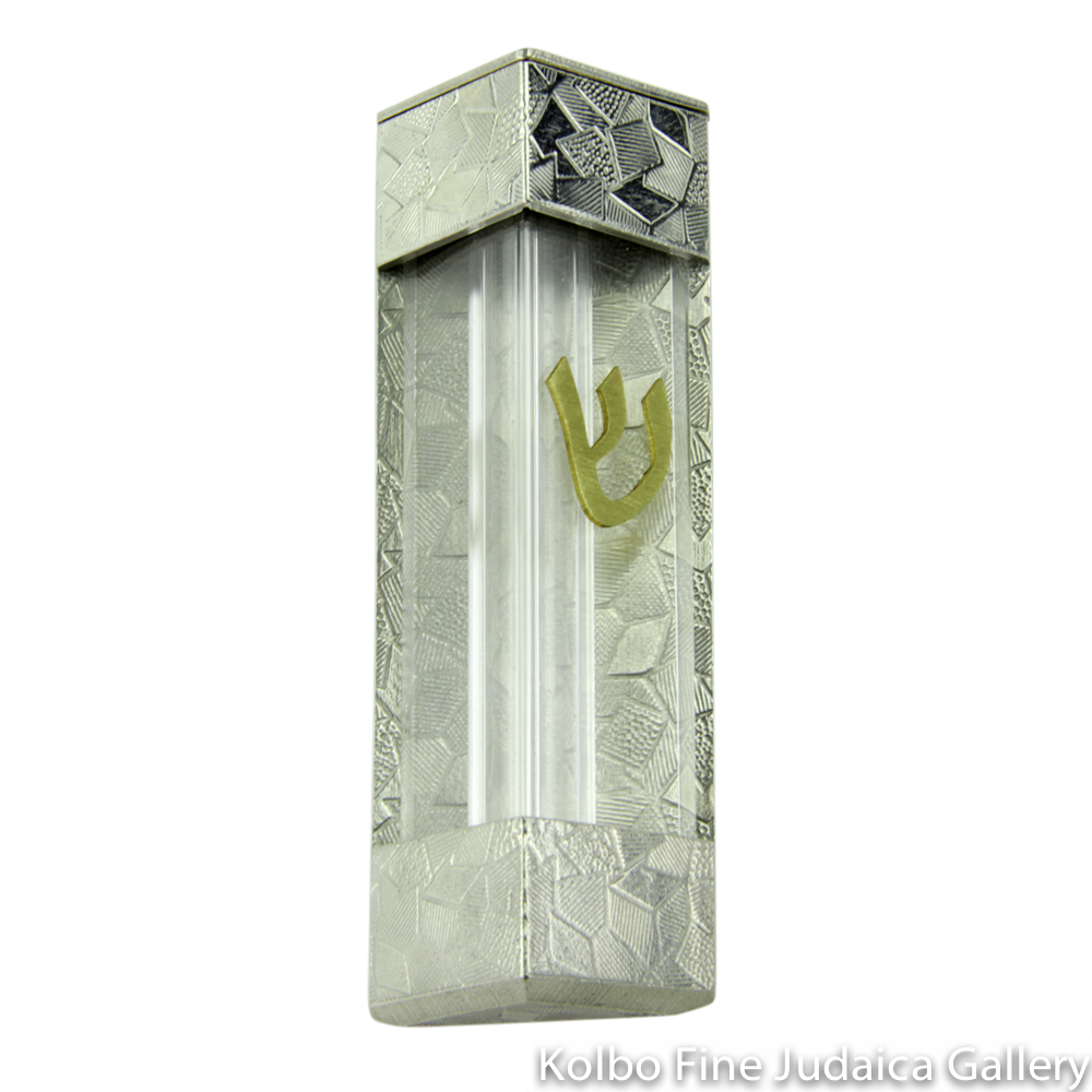 Wedding Glass Mezuzah, Angular Design, Patchwork Finish, Pewter and Brass with Acrylic Windows