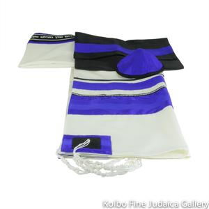 Tallit Set, Electric Blue Stripes on White Background, Fine Wool