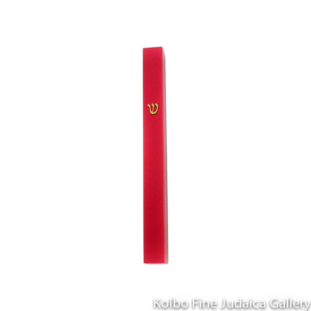 Mezuzah, Thin, Red, Anodized Aluminum with Shin
