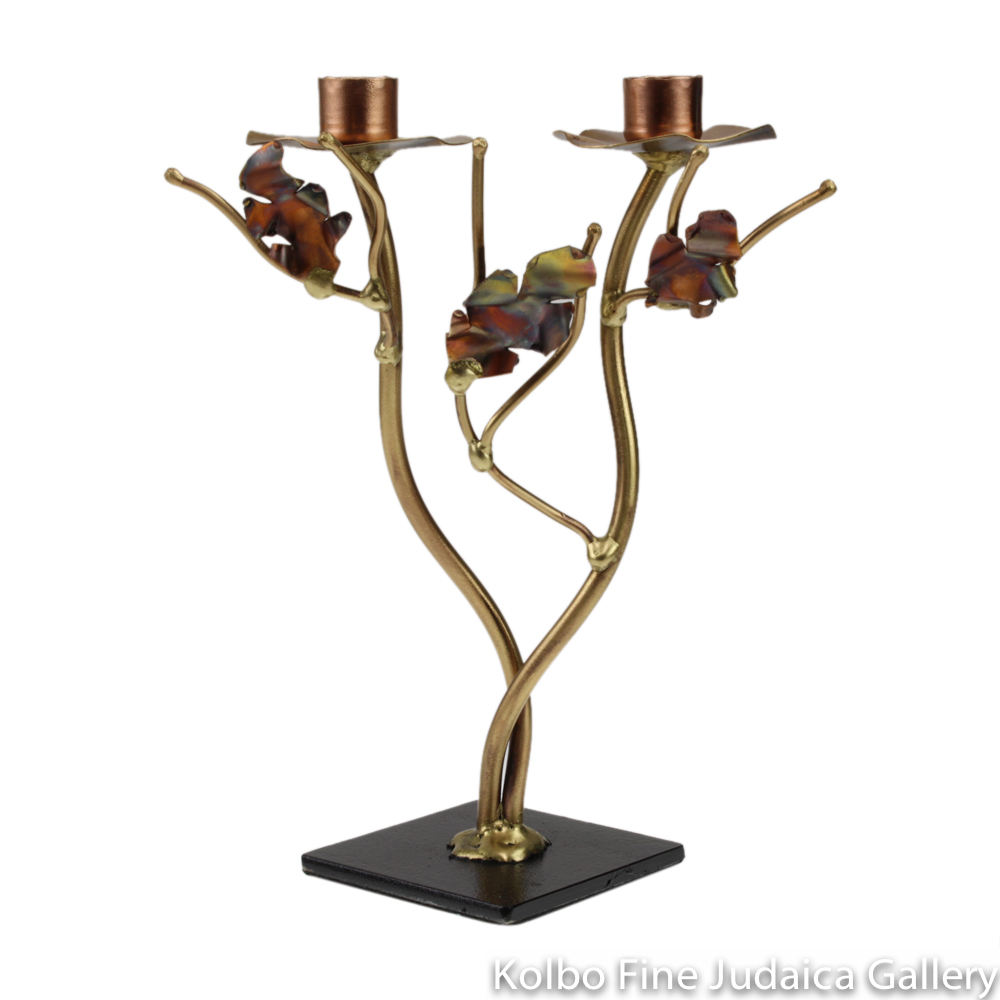 Candlesticks, Even Height with Metallic Leaves, Brass and Copper
