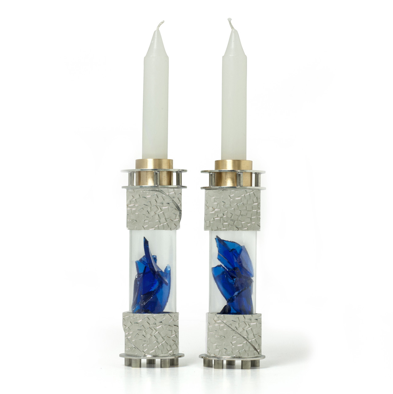 Wedding Glass Candlesticks, Round with Stone Finish, Pewter and Brass