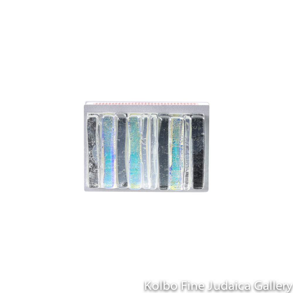 Matchbox Holder, Iridescent Icicle Design in Light Grays, Glass and Metal