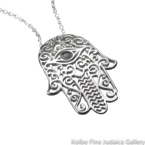 Hamsa Necklace, Filigree with Center Eye, Sterling Silver