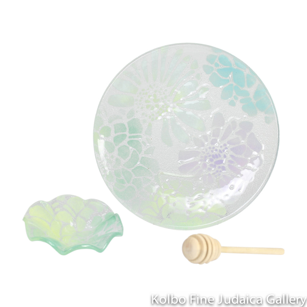 Honey and Apple Set, Floral Pattern in Sea Green and Lavender, Glass