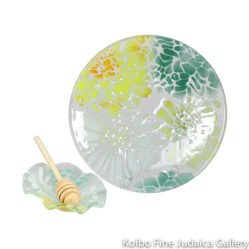 Honey and Apple Set, Floral Pattern in Yellow, Sea Green, and Teal, Glass