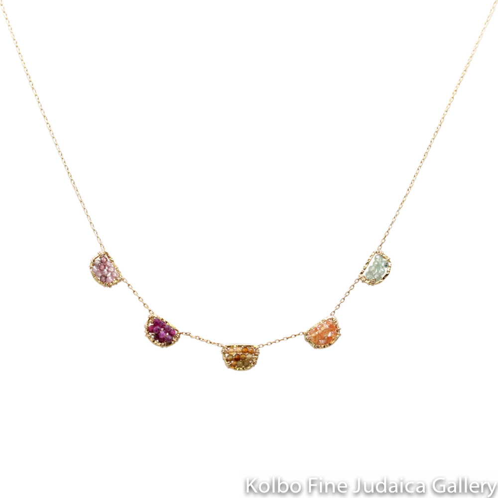 Necklace, Five Beaded Rounded Petals, Multicolored Padparadscha Sapphire Stones
