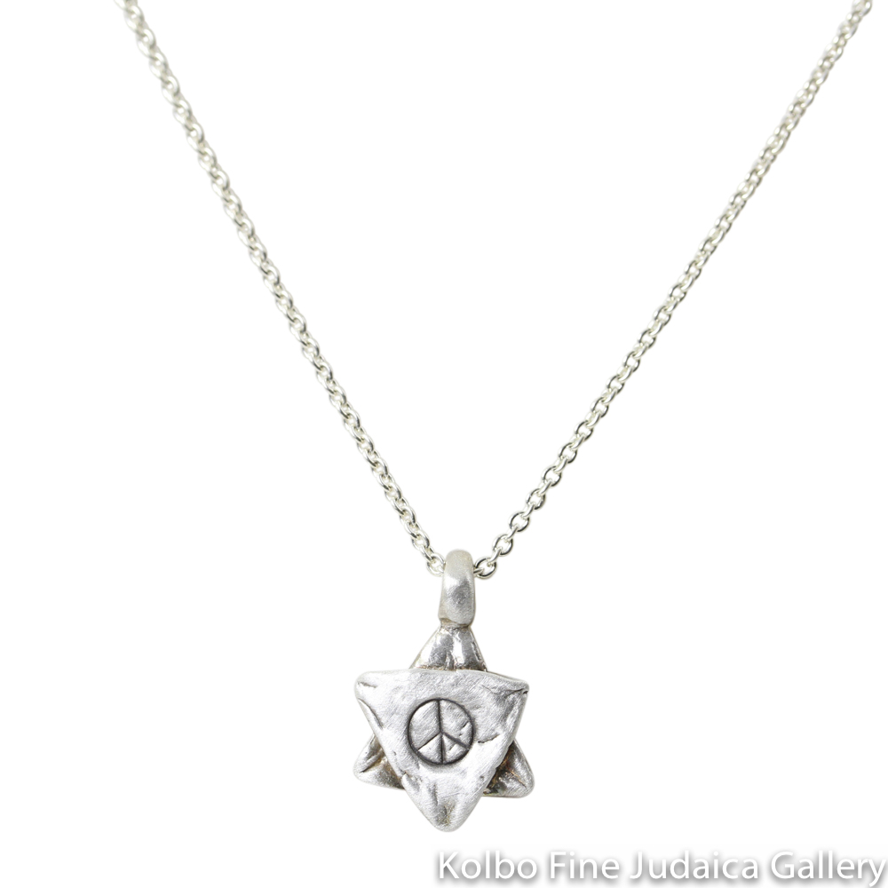 Necklace, Star Pendant with Peace Sign, Texture From The Kotel Imprinted On Sterling Silver