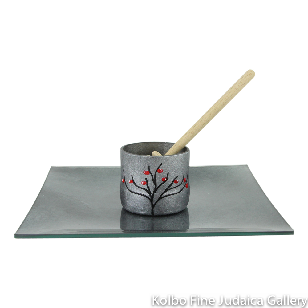 Honey and Apple Set, Hand-Painted Glass with Apple Tree on Cup in Multi-Gray Tones