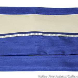Tallit Set, Large Gold and Navy Blue Stripes on White Wool