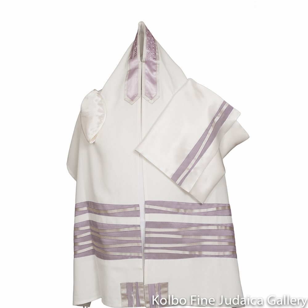 Tallit Set, Lavender Stripes with White Waves, Brushed Cotton