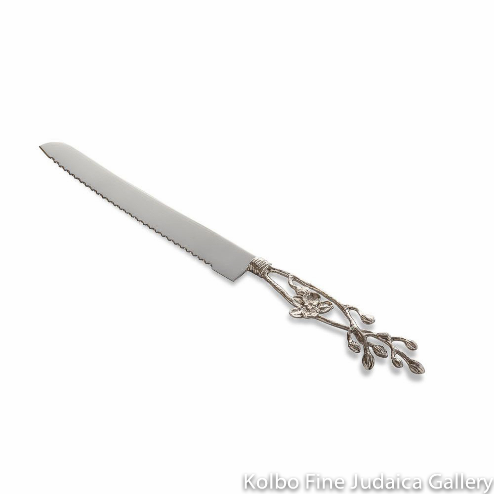 Challah Knife, White Orchid Design, Nickel Plate, Stainless Steel