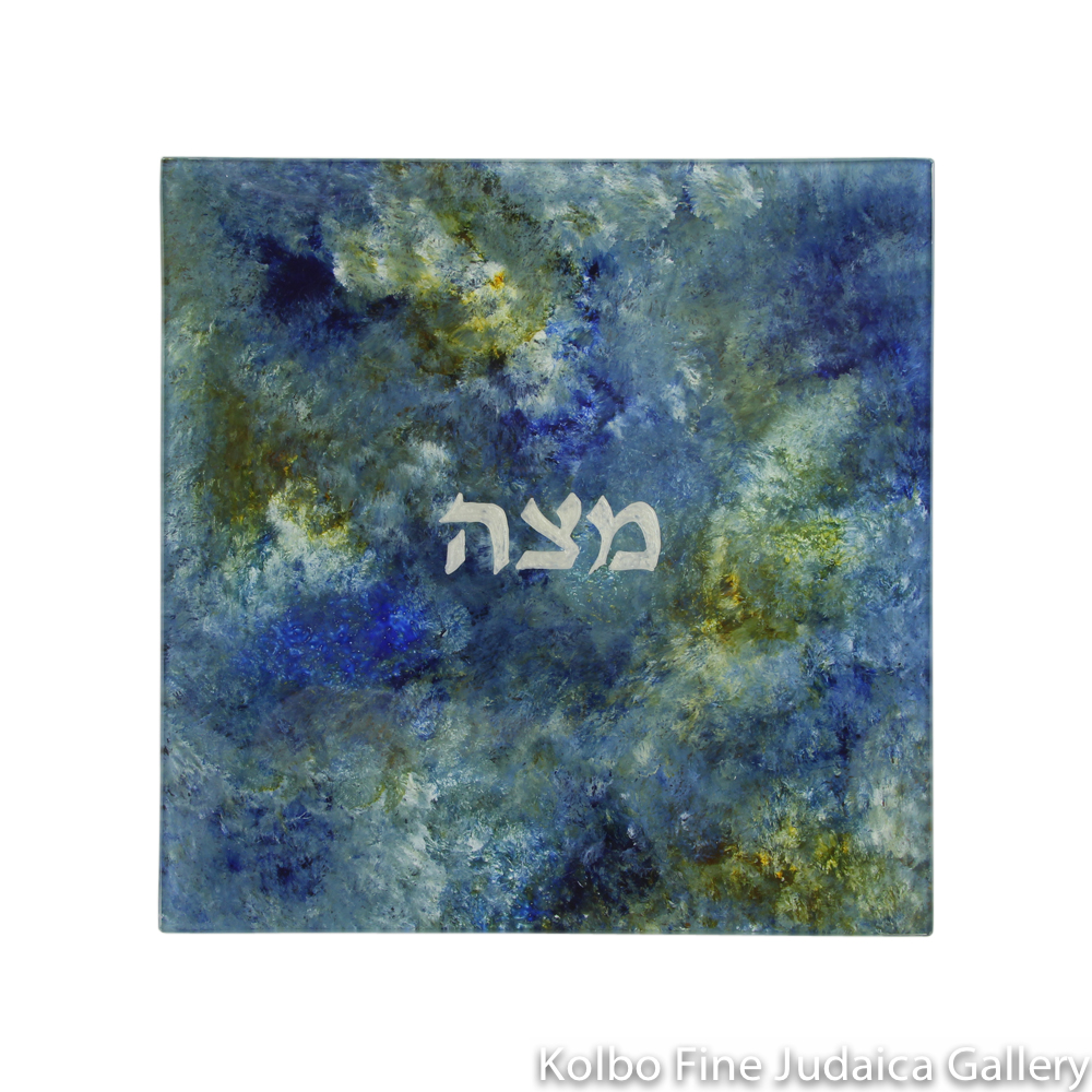 Matzah Plate, Hand-Painted Glass with Blue and Green Tones