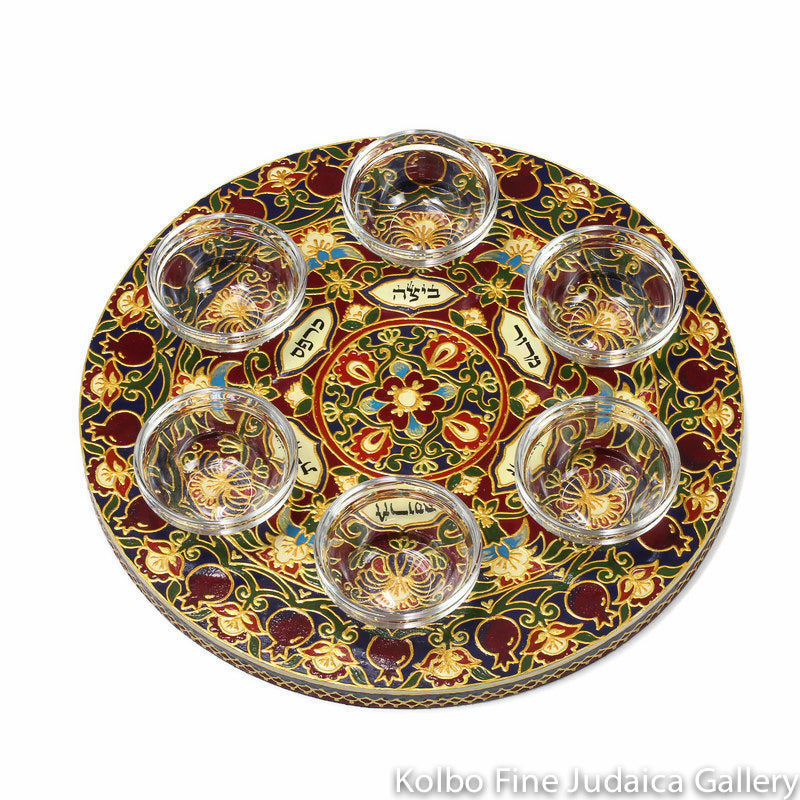 Seder Plate, Hand-Painted Wood with Glass Bowls, Pomegranate Design, One-of-a-Kind, #38