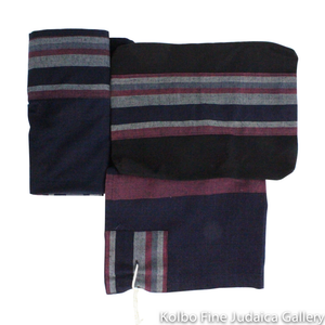 Tallit Set, Sunset Tones of Black, Burgundy, and Gray, Hand-Spun Cotton and Silk, with Bag, Ethically and Sustainably Made