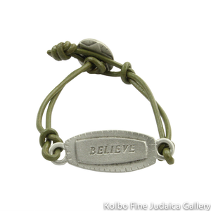 Bracelet, Believe Design in Hebrew and English, Pewter with Leather Cord