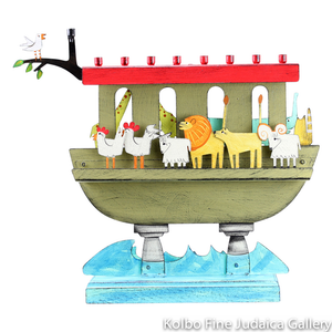 Menorah, Noah’s Ark Design with Removable Pieces, Painted Metal on Wooden Base