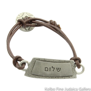 Bracelet, Peace Design in Hebrew and English, Pewter with Leather Cord