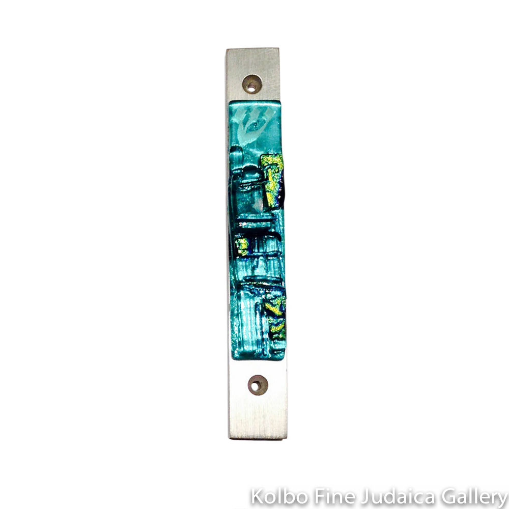 Mezuzah, Western Wall Collection in Aqua, Fused Glass and Metal